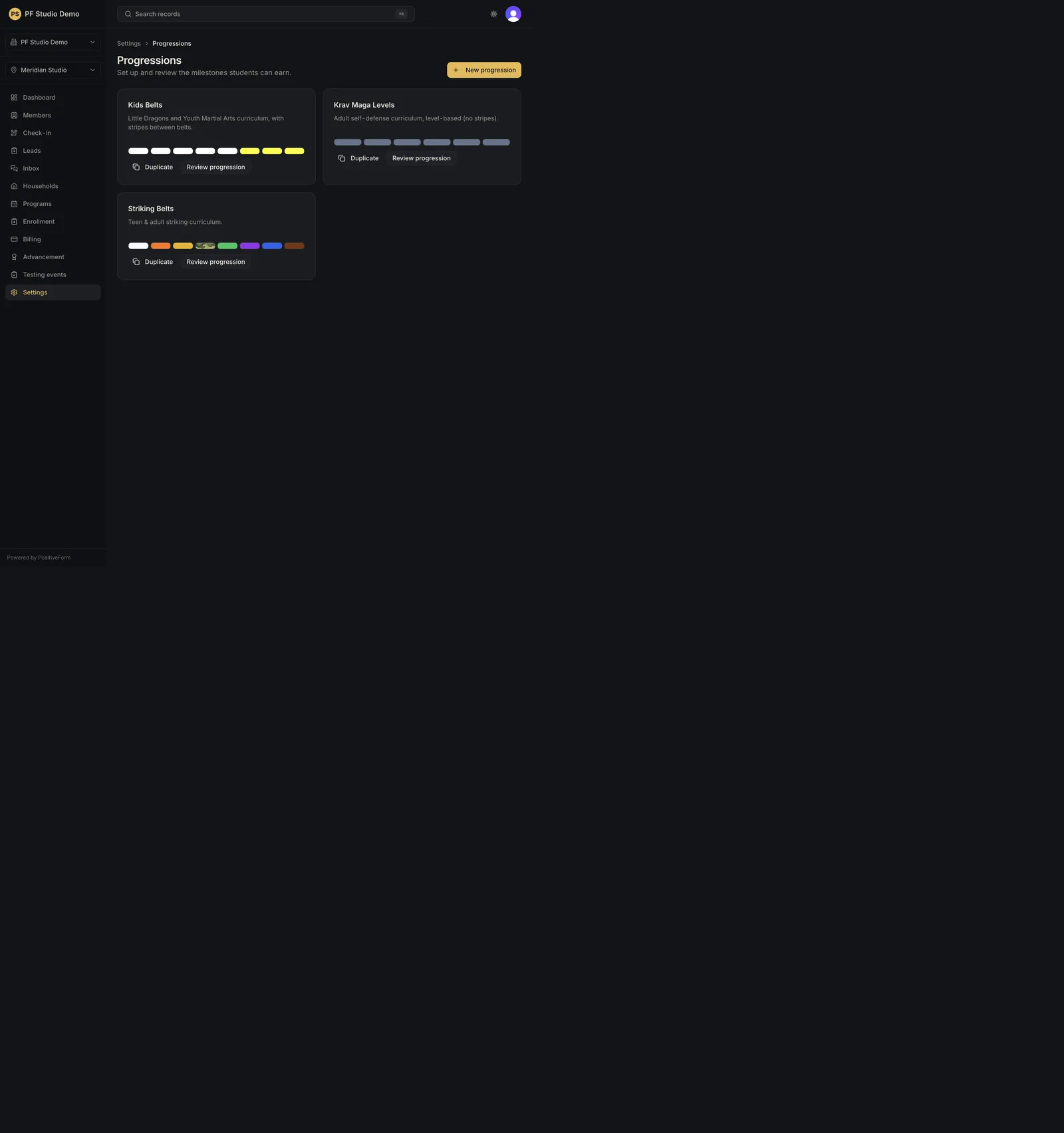Progressions settings list with New progression