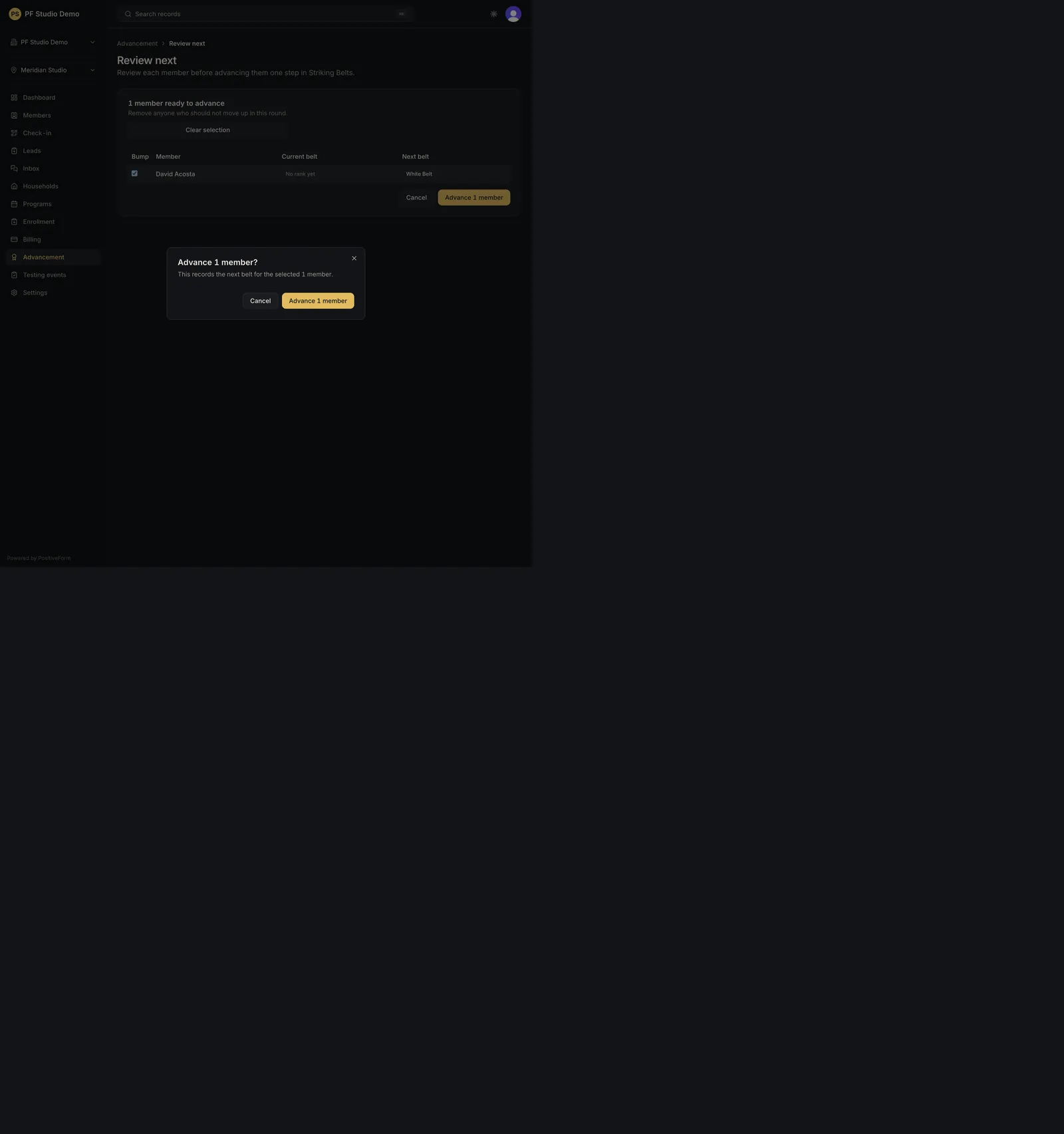 Confirm Advance dialog