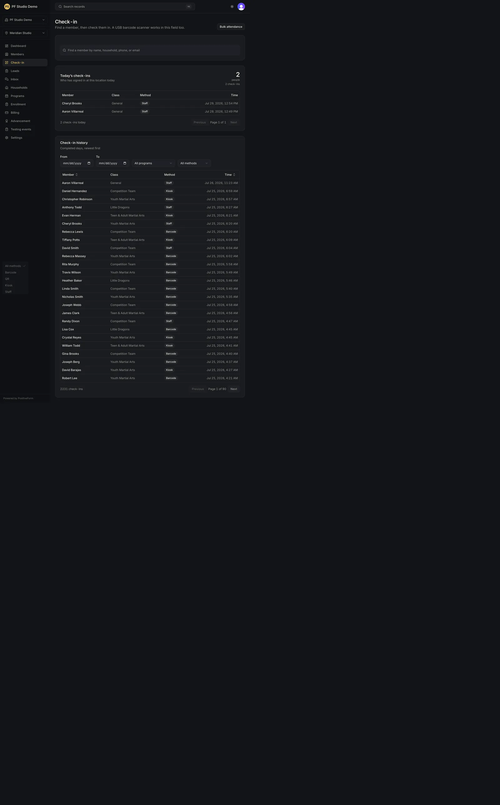 History filters including program and method