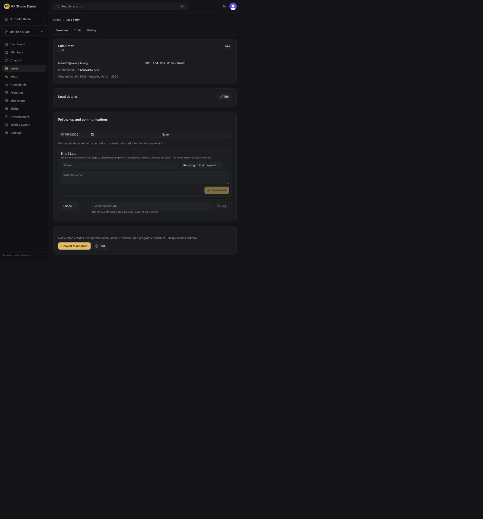 Lead detail with Overview, Trials, History, and actions