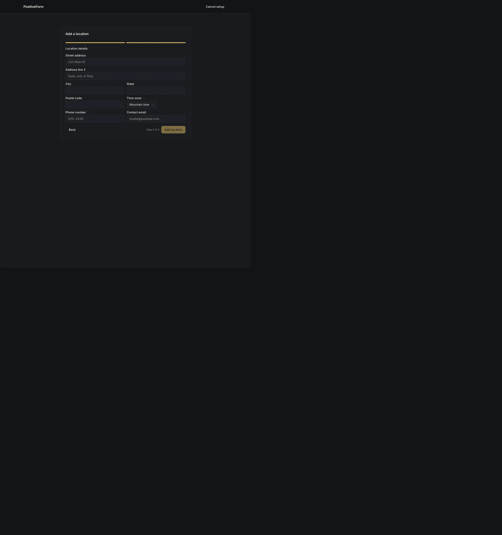 Step 2 of 2, Location details, with the address, time zone, phone, and contact email fields