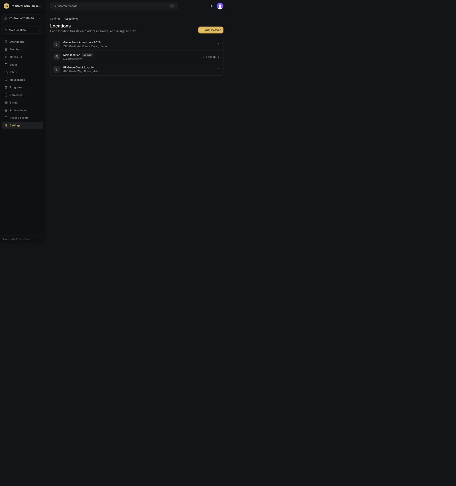 Settings, Locations after the wizard, with the new location listed by its address