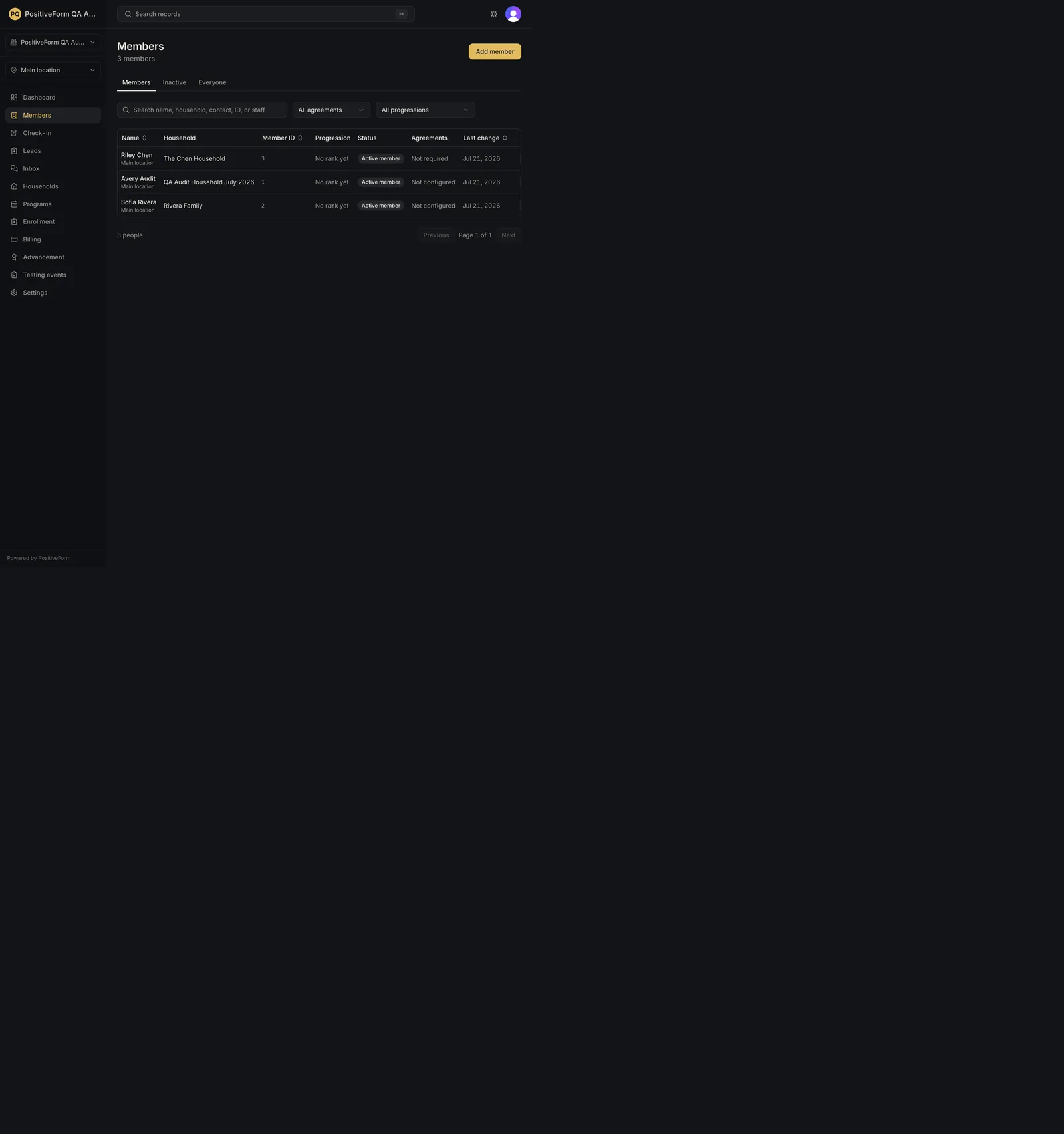The Members directory, with the Members, Inactive, and Everyone tabs, the search box, both filters, and the sortable columns