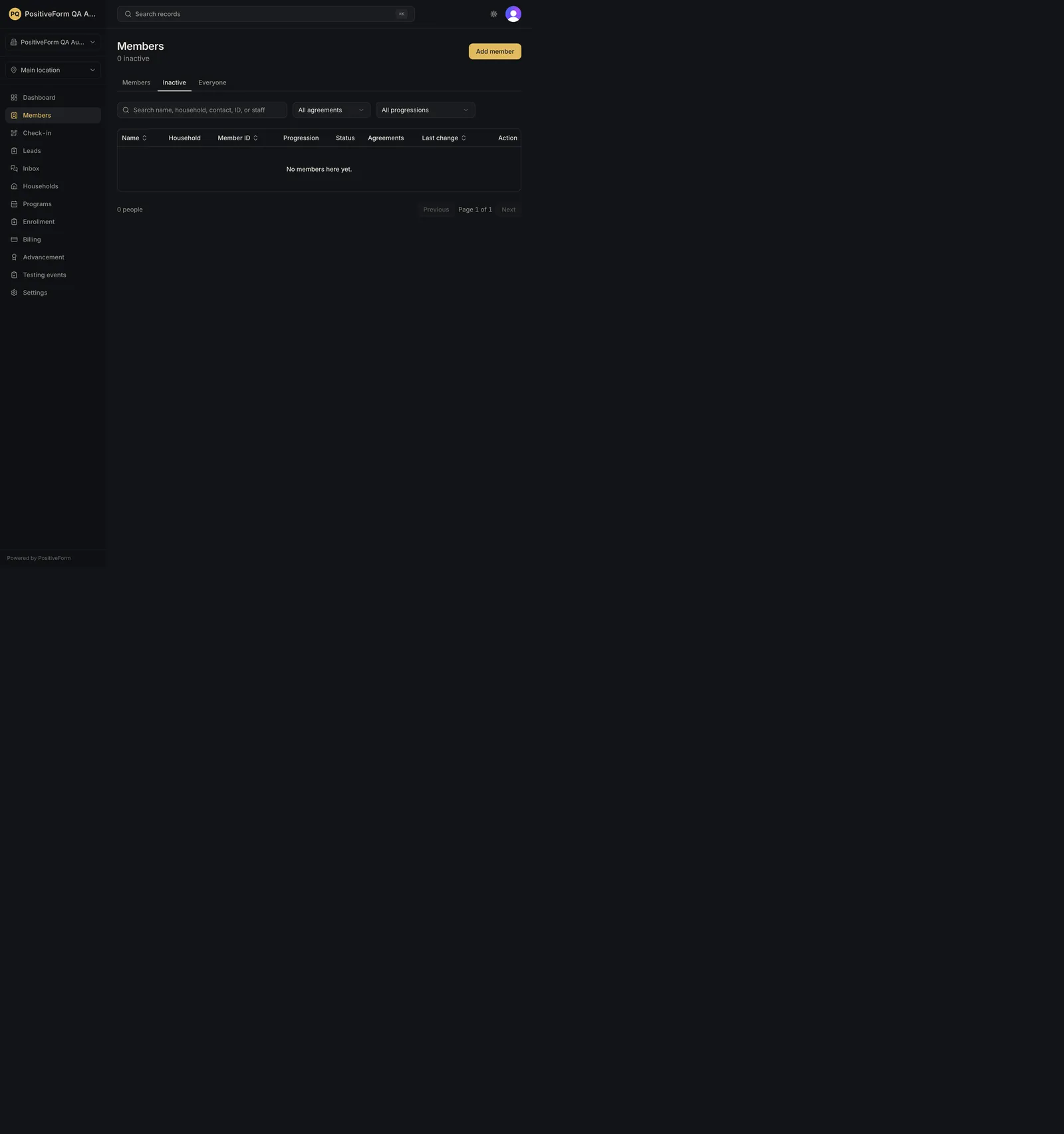 The Inactive tab with nobody in it, reading No members here yet. and 0 people