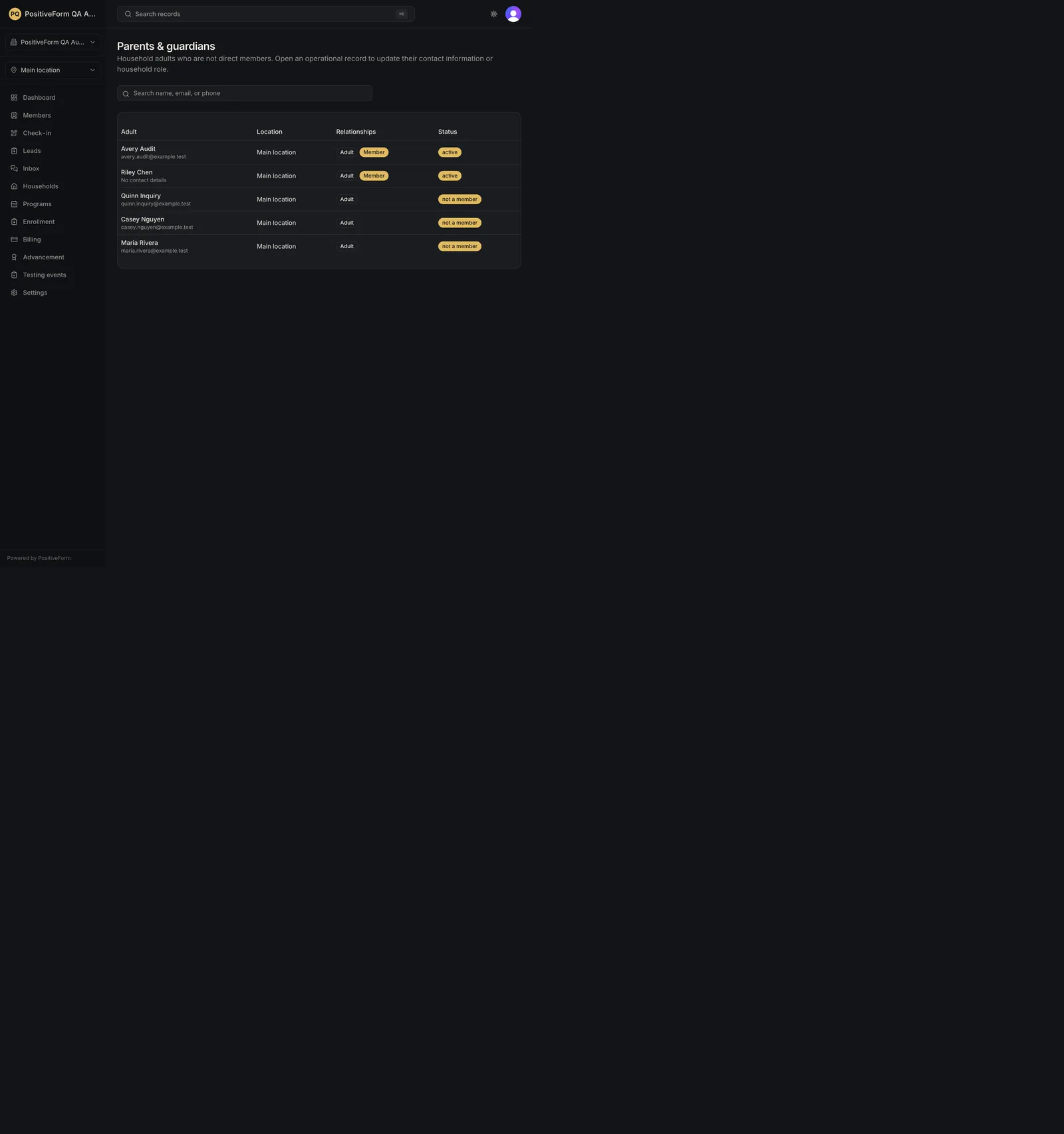 The Parents & guardians directory, with the Adult, Location, Relationships, and Status columns