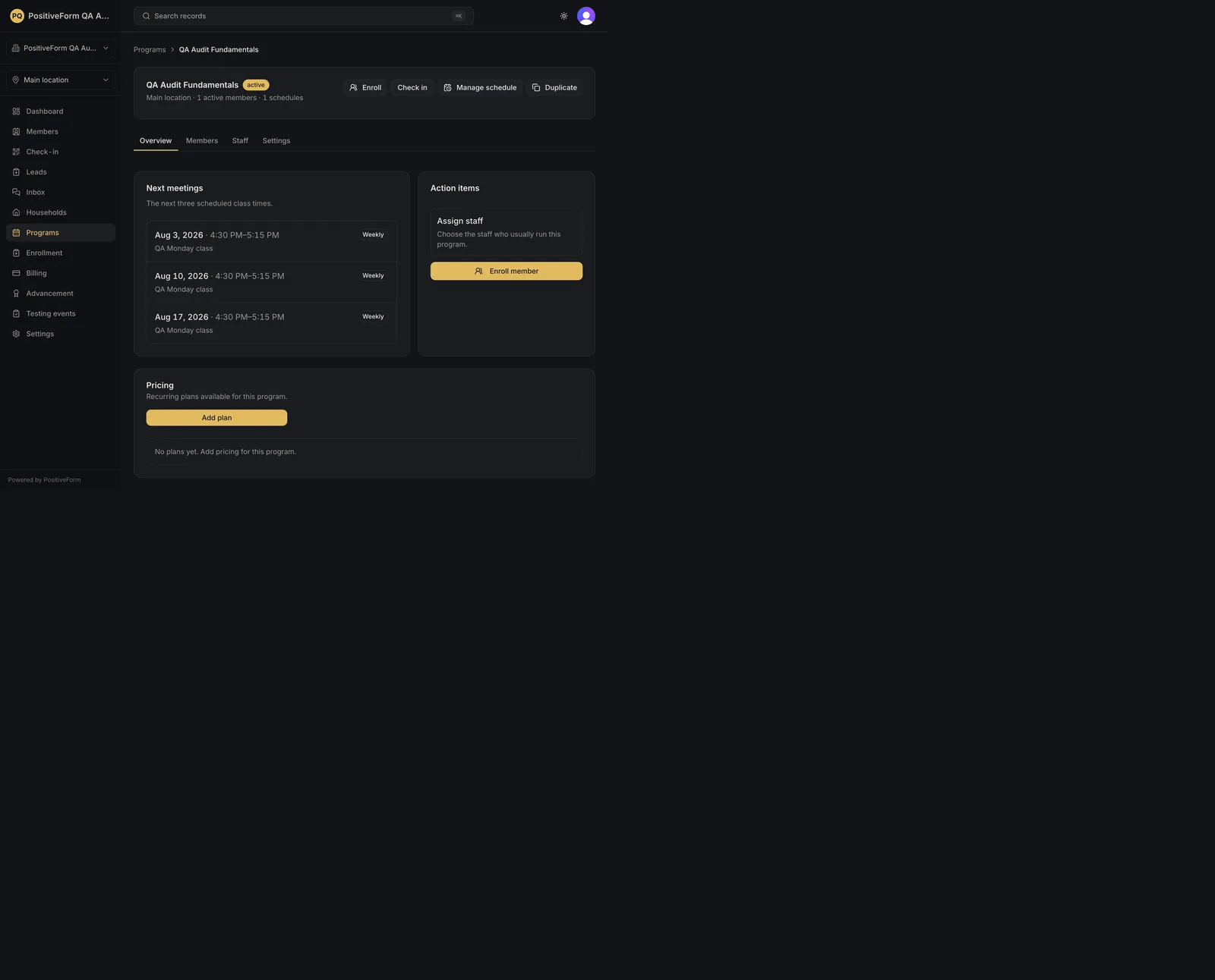 The Pricing card on the program workspace, offering Add plan