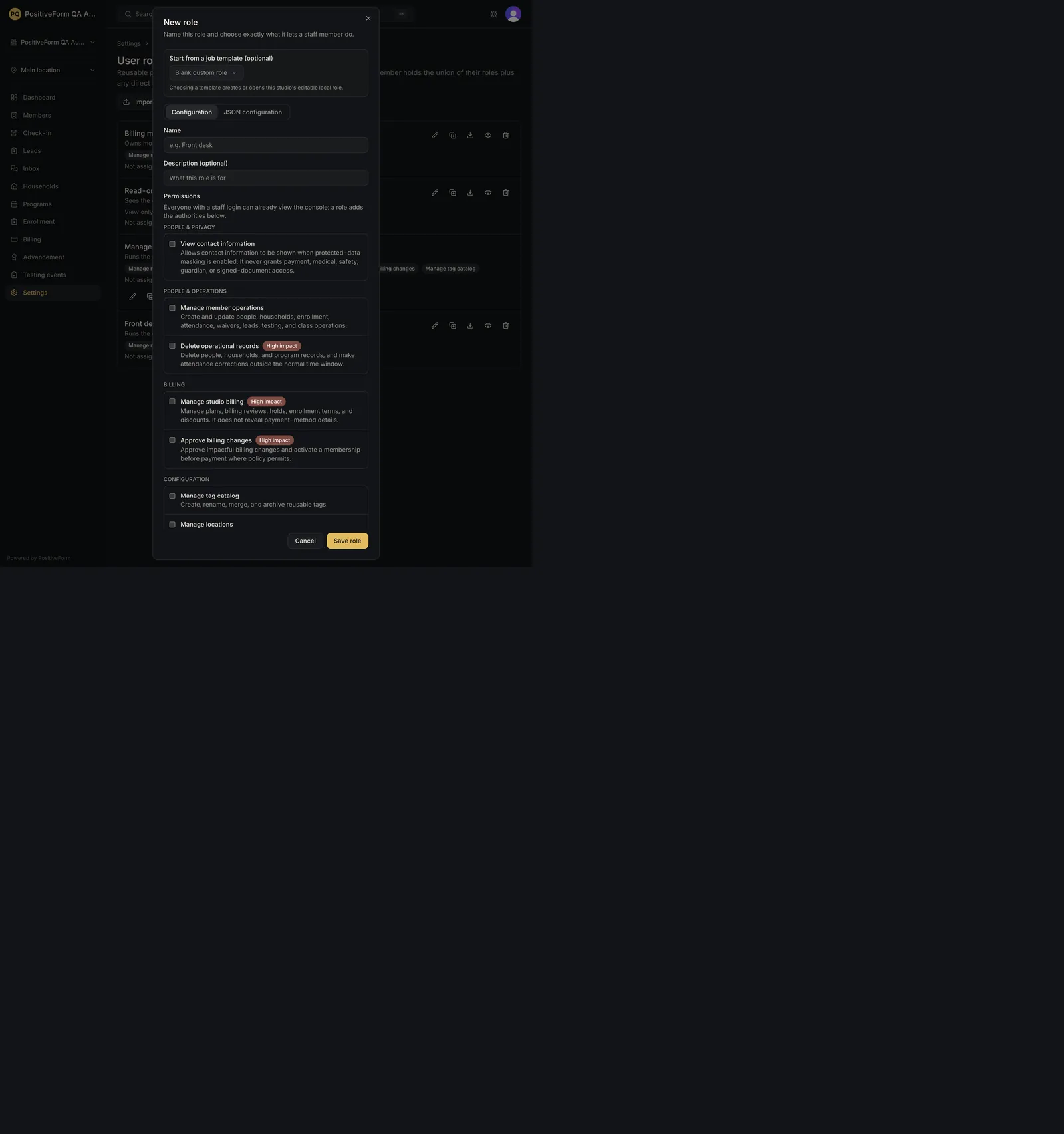 The New role editor, with the job-template starter, the Configuration and JSON configuration tabs, and permissions grouped by area with High impact badges