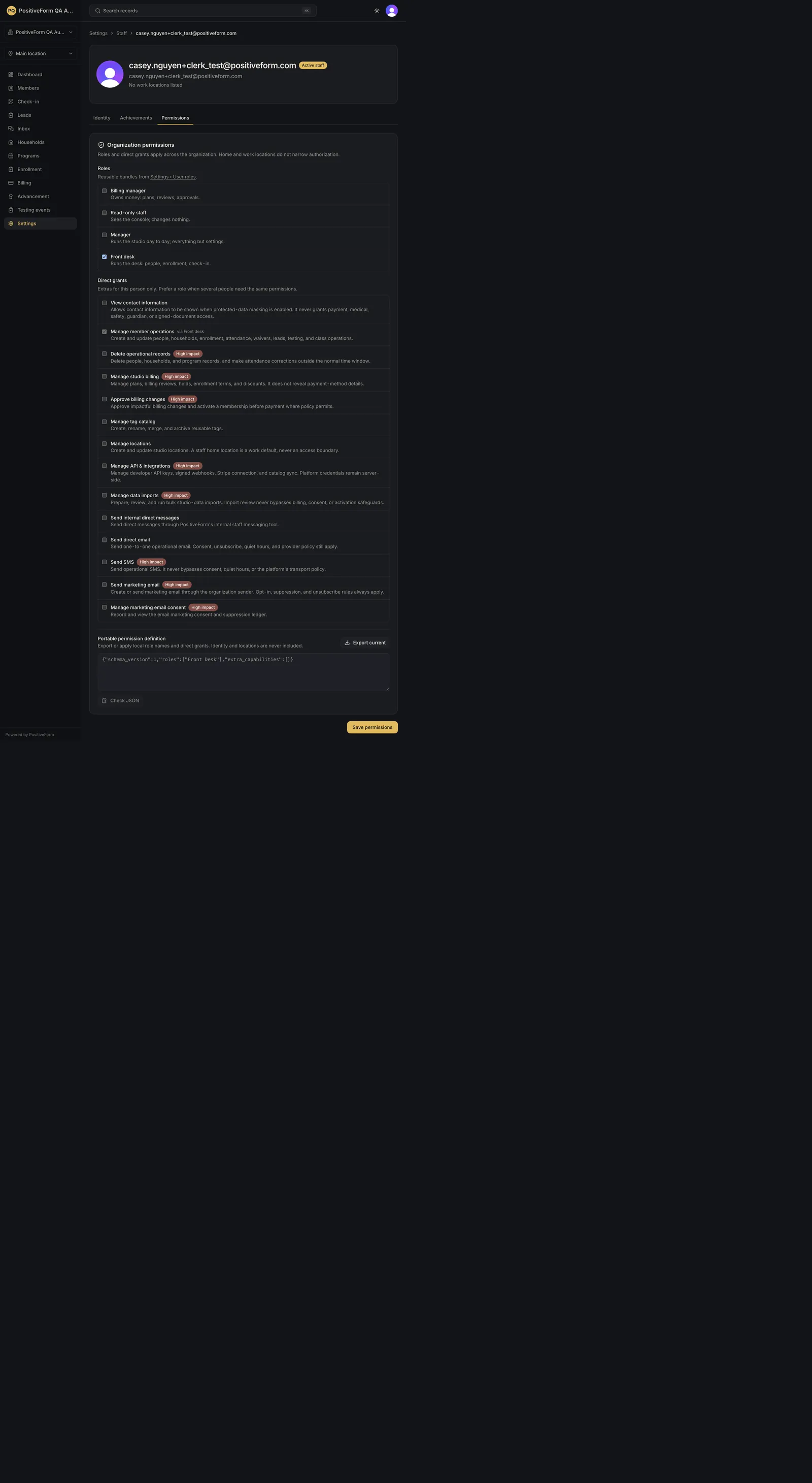 Permissions tab with roles including Front desk